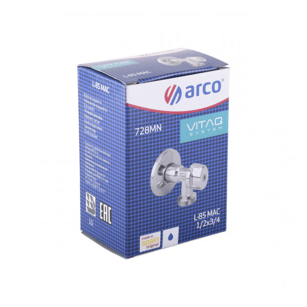 Кран шаровый угловой ARCO 1/2″х 3/4″ 728MN металлическая ручка L85MAC (000023455)
