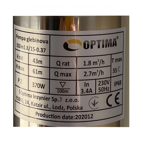 Насос скважинный с пов,уст, к песку 3″ OPTIMA 3SDm1,8/15 0,37 кВт 61м + пульт+кабель 1,5м NEW (000021397)