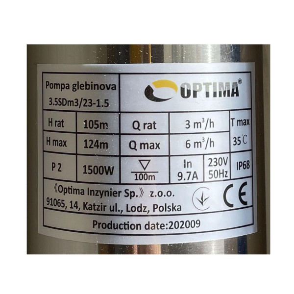 Насос свердловинний з підв, стійк, до піску OPTIMA 3,5SDm3/23 1,5 кВт 124м кабель 1,5м NEW (000021131)