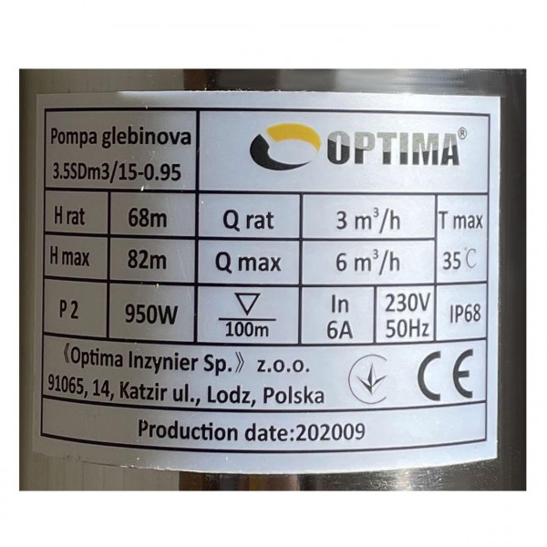 Насос свердловинний з підв, стійк, до піску OPTIMA 3,5SDm3/15 0,95 кВт 82м кабель 1,5м NEW (000021129)