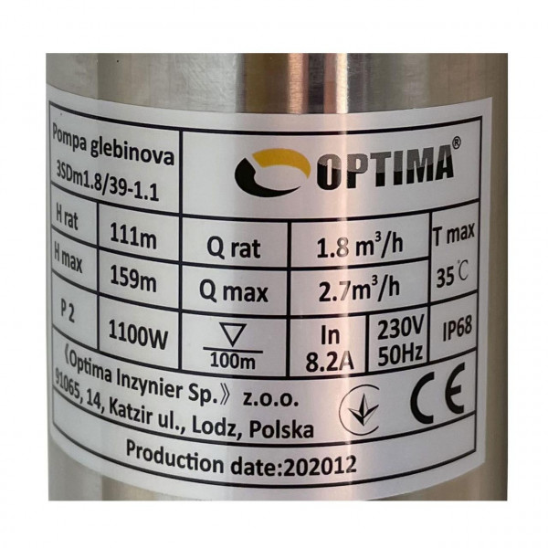 Насос скважинный с пов,уст, к песку 3″ OPTIMA 3SDm1,8/39 1,1 кВт 159м + пульт+кабель 1,5м NEW (000021402)