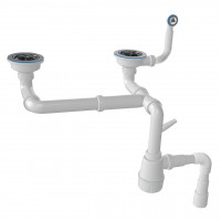 Сифон для мийки подвійний 3 1/2″ різнорівневий, 60мм гвинт, круглий перелив 35мм, з гофрою (000002994)