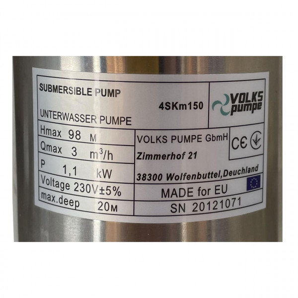 Насос свердловинний вихровий VOLKS pumpe 4SKm150 1,1кВт + кабель 15м + пульт (000013432)