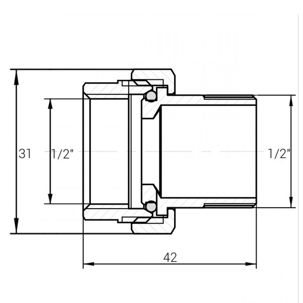 Згін американка пряма латунна 1/2″ВР х 1/2″ЗР штампована з резиновою прокладкою Б0809А VA (000025543)