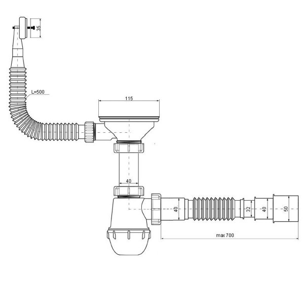 Сифон Waterstal А - 4007 під сталеву кухону мийку 1/2 40 з переливом, з гнучкою трубою (000026528)