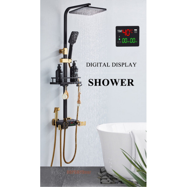 Душевая система хром черный золото,термостатический набор для душа-4 функции (823213437)