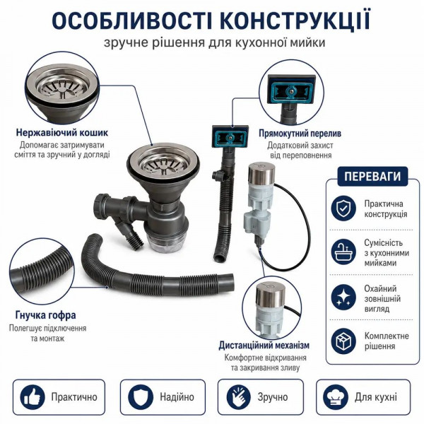 Комплект сифона в сборе для раковины с автоматическим сбросом воды (973355291)