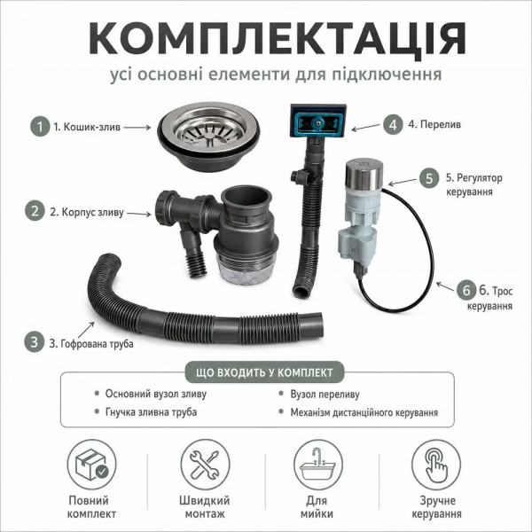 Комплект сифона в сборе для раковины с автоматическим сбросом воды (542244064)