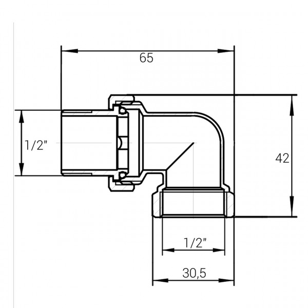 Згін американка кутова латунна 1/2″ВР х 1/2″ЗР штампована з резиновою прокладкою Б0838А VA (000027695)