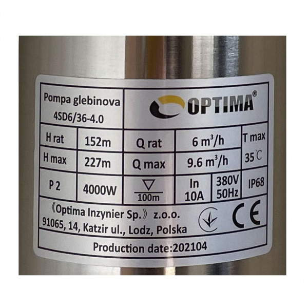 Насос скважинный с повышенной уст-тью к песку OPTIMA 4SD 6/36 4,0 кВт 227м 3-х фазный (000021132)