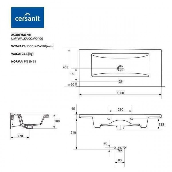 Умывальник мебельный Cersanit COMO 100 в коробке (000014091)