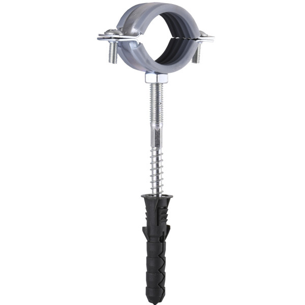 Хомут в сборе CR 1″ (32-37мм) с винтом-шурупом 8*80 и дюбелем в уп., серый (000006304)