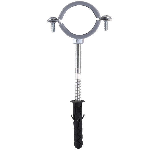 Хомут в сборе CR 1 1/4″ (42-47мм) с винтом-шурупом 8*80 и дюбелем в уп., серый (000007348)