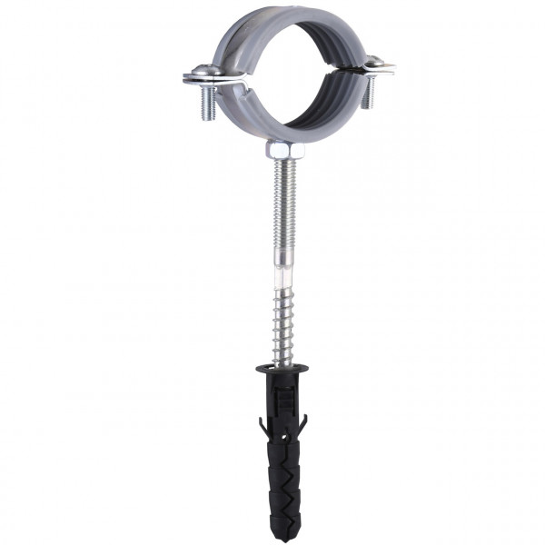Хомут в сборе CR 1 1/4″ (42-47мм) с винтом-шурупом 8*80 и дюбелем в уп., серый (000007348)