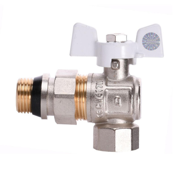 Кран шаровый угловой с американкой Q PROFESSIONAL QP004 PN40 1/2″ антипротечка, Белая бабочка (000014415)