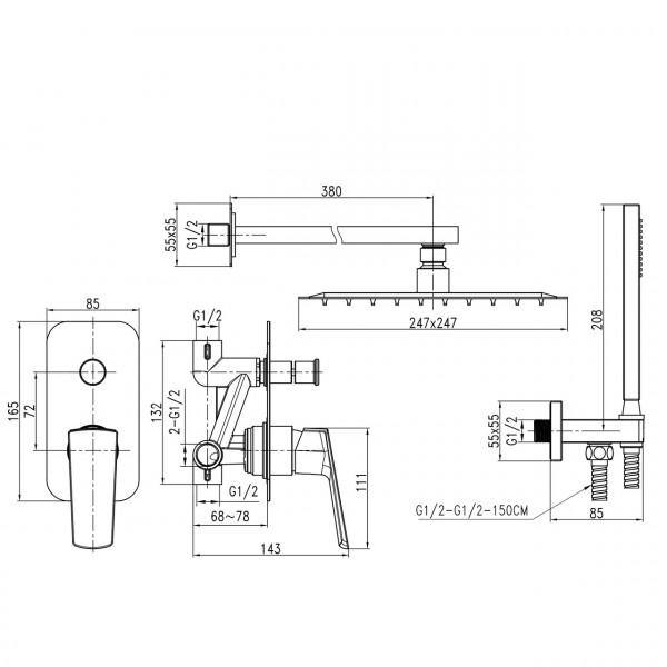 Смеситель для душа встроенный TOPAZ LEXI TLG 21205-H57-BL (000020237)