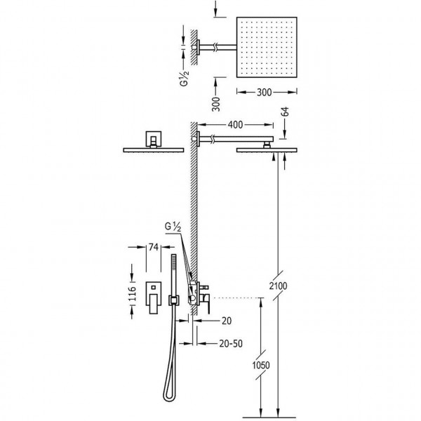 Душова система TRES CUADRO-TRES 106980 прихованного монтажу,два споживача,лійка 300*300мм Spain (000004871)