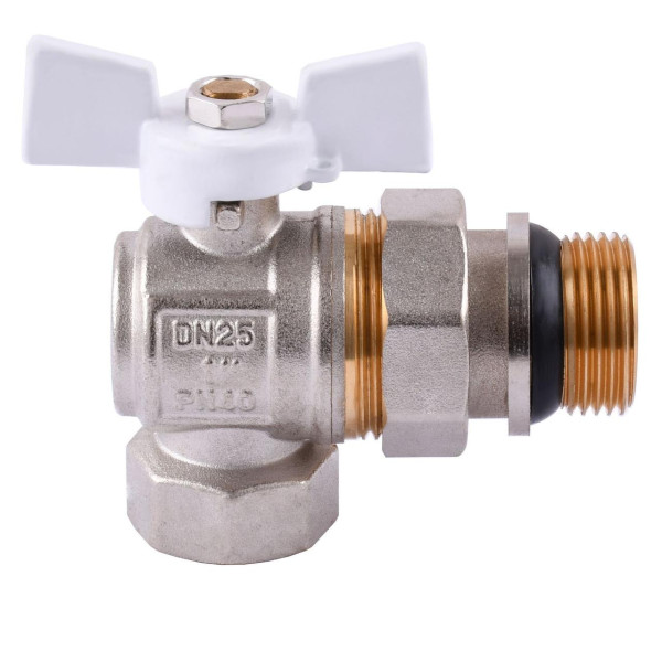 Кран шаровый угловой с американкой Q PROFESSIONAL QP004 PN40 1″ антипротечка, Белая бабочка (000018555)