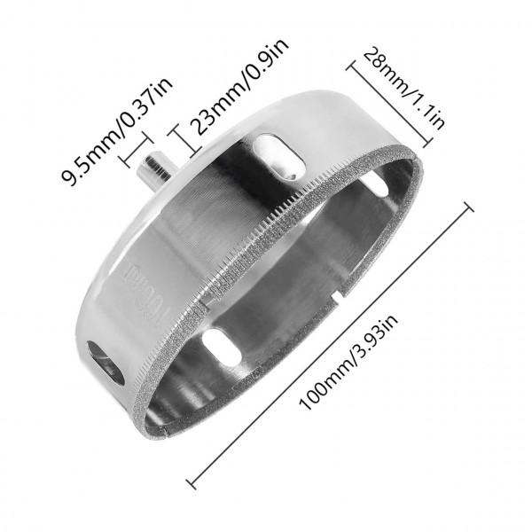 Алмазна коронка 100 мм по плитці/керамограніту/склу, під дриль, хвостовик 9,5 мм, з бічними вікнами (623296708)