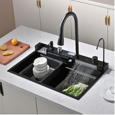 Кухонна мийка водоспад Willda чорна/Nano Black 75x46x22 см з панеллю та двома водоспадами (220621103)