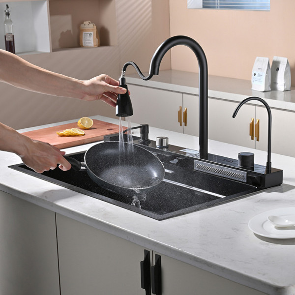 Кухонная мойка водопад Willda черная/Nano Black 75x46x22 см с панелью и двумя водопадами (220621103)