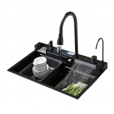 Кухонна мийка водоспад Willda чорна/Nano Black 75x46x22 см з панеллю та двома водоспадами (535828353)
