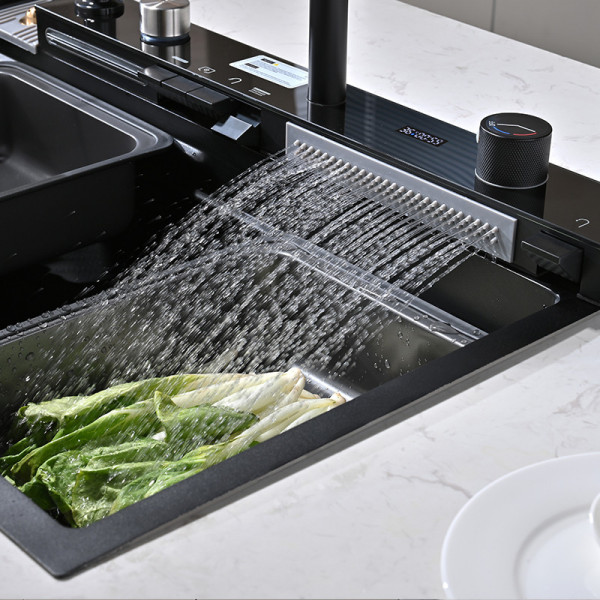 Кухонная мойка водопад Willda черная/Nano Black 68x46x22 см с панелью и двумя водопадами (561137022)