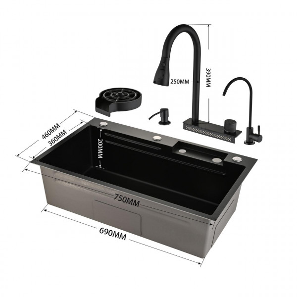 Кухонна мийка водоспад Willda чорна / Nano Black 68x46x22 см (522080823)