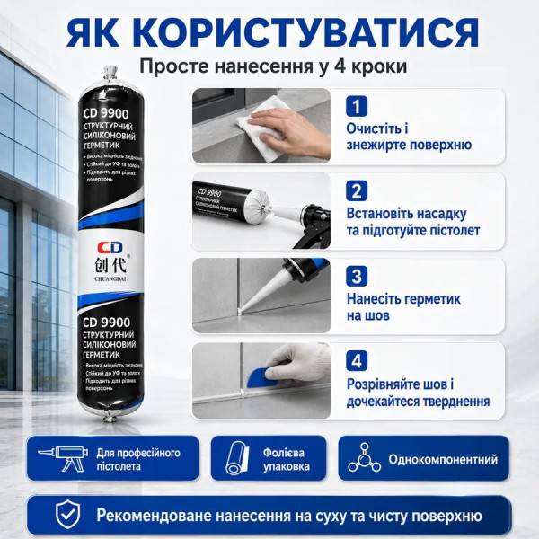 Силиконовый герметик CD 9900 нейтральный структурный черный, колбаса 590 мл, для строительных и монтажных работ (179210315)