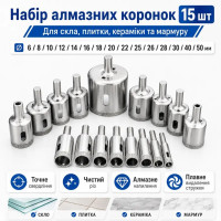 Набір алмазних коронок 6-50 мм, 15 шт., для плитки, скла та керамограніту, під дриль (375418931)