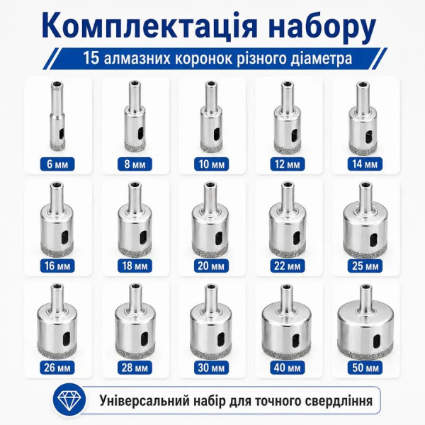 Набор алмазных коронок 6-50 мм, 15 шт., для плитки, стекла и керамогранита, под дрель (375418931)
