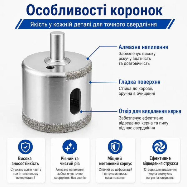 Набор алмазных коронок 6-50 мм, 15 шт., для плитки, стекла и керамогранита, под дрель (375418931)