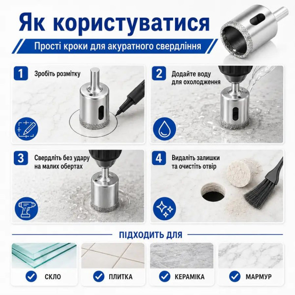 Набор алмазных коронок 6-50 мм, 15 шт., для плитки, стекла и керамогранита, под дрель (375418931)