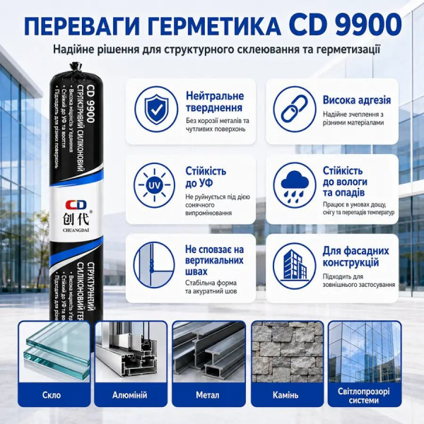 Силиконовый герметик CD 9900 нейтральный структурный белый, колбаса 590 мл, для строительных и монтажных работ (961799229)